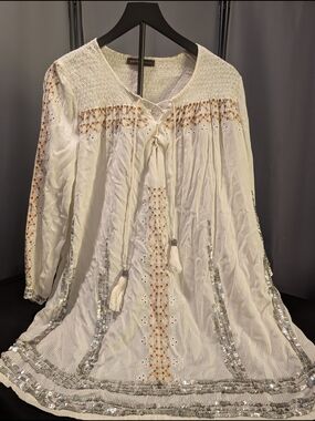 Topshop Kate Moss White Embellished Boho Tunic Dress with Silver Sequins